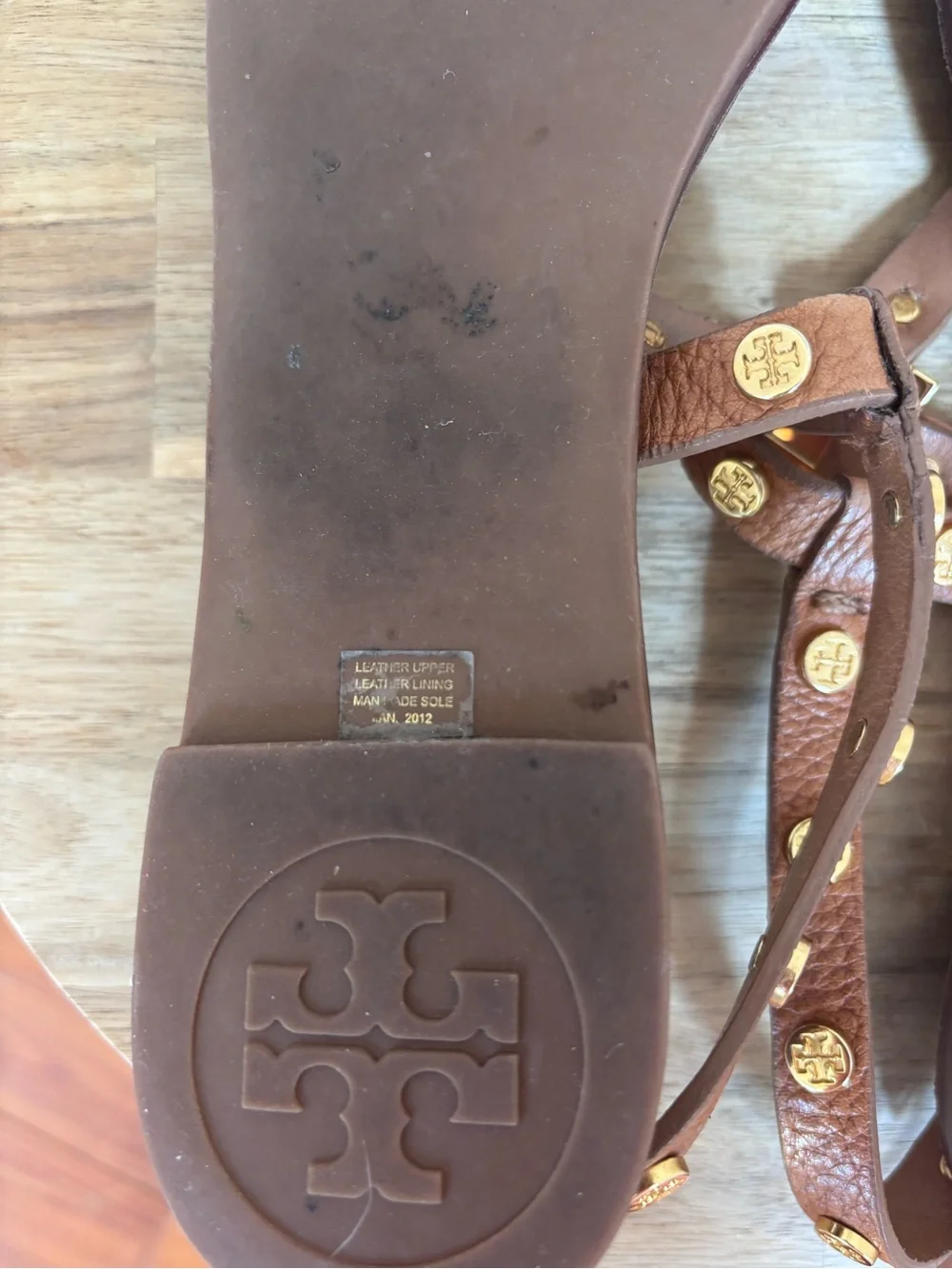 Tory Burch Cognac Leather T-Strap Sandals with Gold Logos
